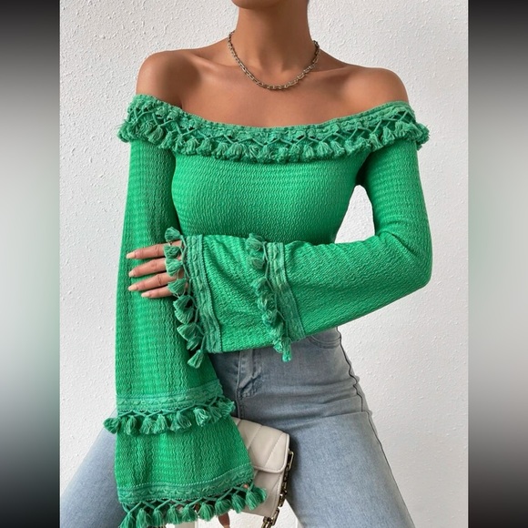 Boho Off Shoulder Flare Long Sleeve Fringe Tassel Cropped Top Blouse Shirt - Picture 4 of 7